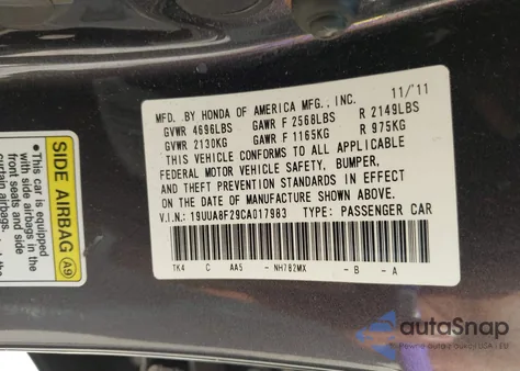 2012 Acura Tl 3.5 из США, поврежденный, VIN 19UUA8F29CA017983